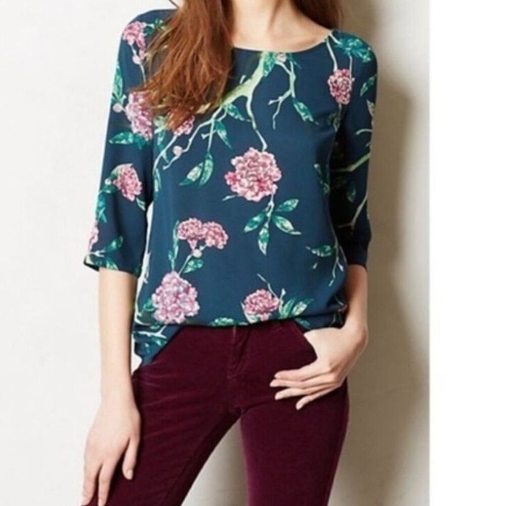 Anthropologie HD In Paris Teal Floral Blouse Short Sleeves Boat Neck Sz 4